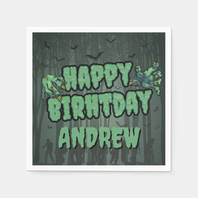 Creepy Dark Green Zombie Happy Birthday Party Napkins (Front)