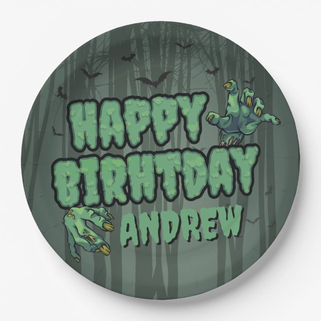 Creepy Dark Green Zombie Happy Birthday Party Paper Plates (Front)