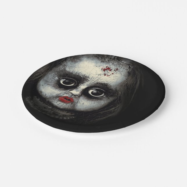 Creepy Doll Haunted Halloween Paper Plates (Angled)