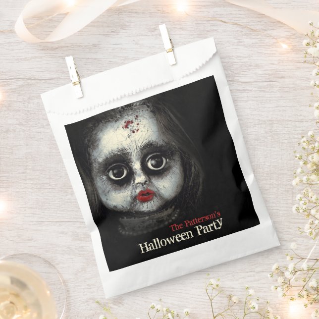 Creepy Doll Haunted Halloween Party with Name Favor Bag (Clipped)