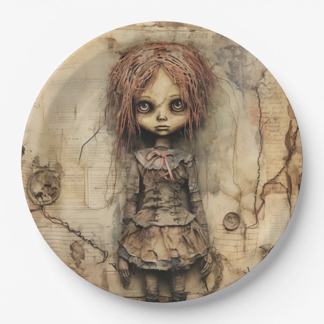 Creepy Doll with Pink Bow Paper Plates (Front)