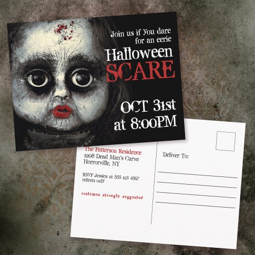 Creepy Eerie Goth Doll Halloween Party Invitation Postcard