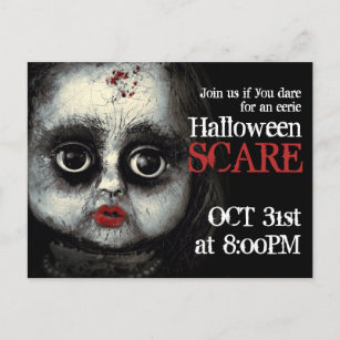 Creepy Eerie Goth Doll Halloween Party Invitation Postcard