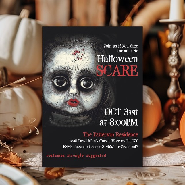 Creepy Eerie Gothic Doll Halloween Party Invitation (Available in both printed and instant download digital formats.)