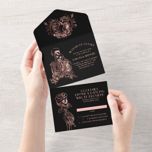 Creepy Elegance  Gothic Rosegold Skeleton Wedding All In One Invitation