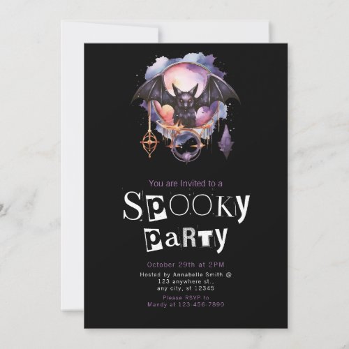 Creepy Flying Bat and Smoke Halloween Party Invitation