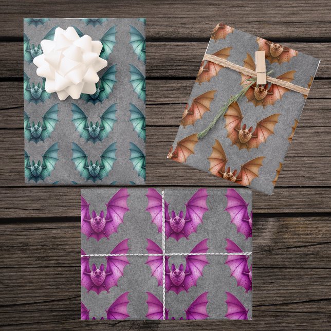 Creepy flying Bats in Pink Orange Green on Grey Wrapping Paper Sheets (Flying Halloween bats in blue green, orange, and pink on dark grey gift wrapping paper.)