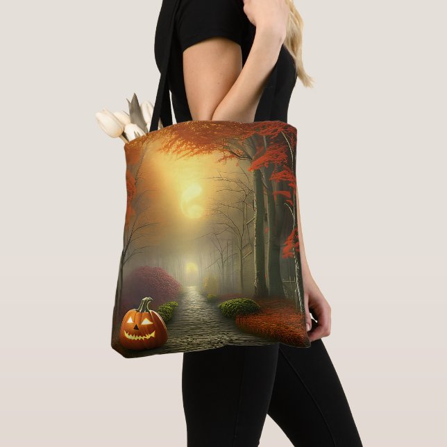 Creepy Forest Path Jack-O' Lantern Halloween Tote Bag (Close Up)