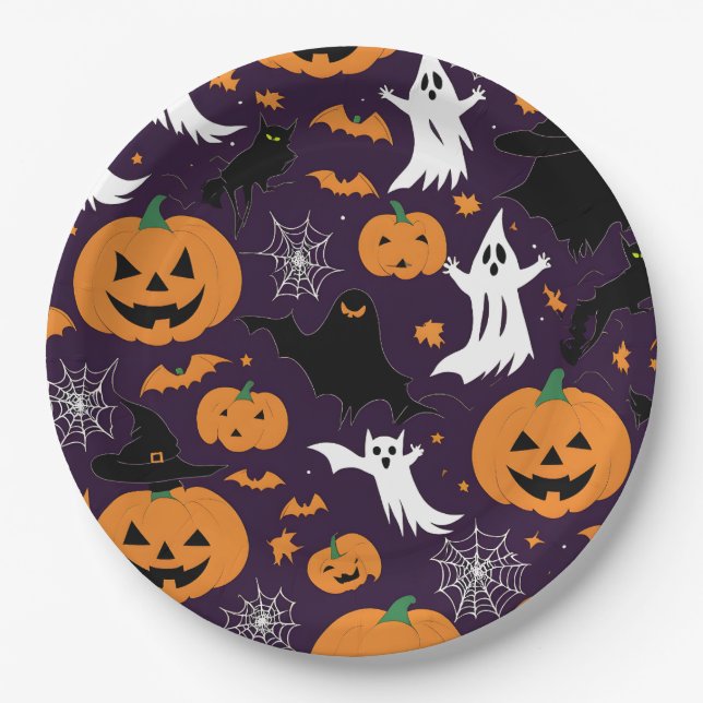 Creepy Ghosts Spiders Cobwebs Bats Halloween Party Paper Plates (Front)