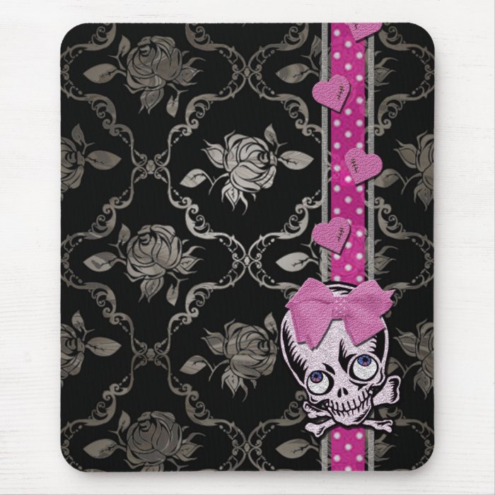 Creepy Girl Skull with Pink Bow on Black Damask Mousepads