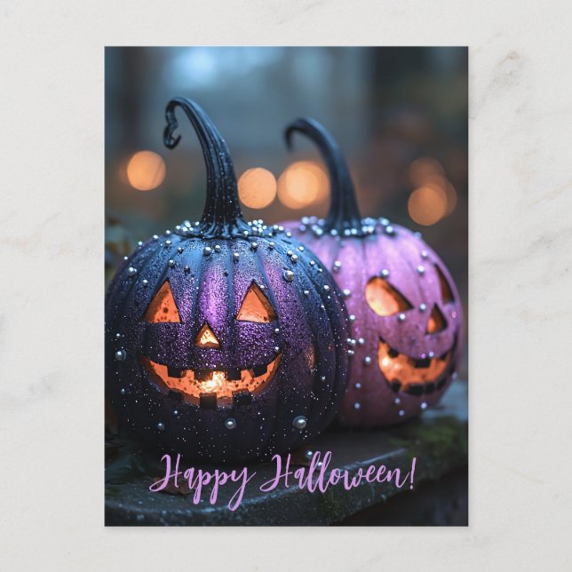 Creepy Glitter Pumpkins Halloween Greeting Card (Front)