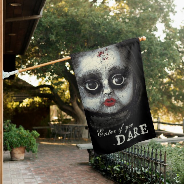 Creepy Goth Doll Enter if You Dare Haunted House Flag (In SItu)