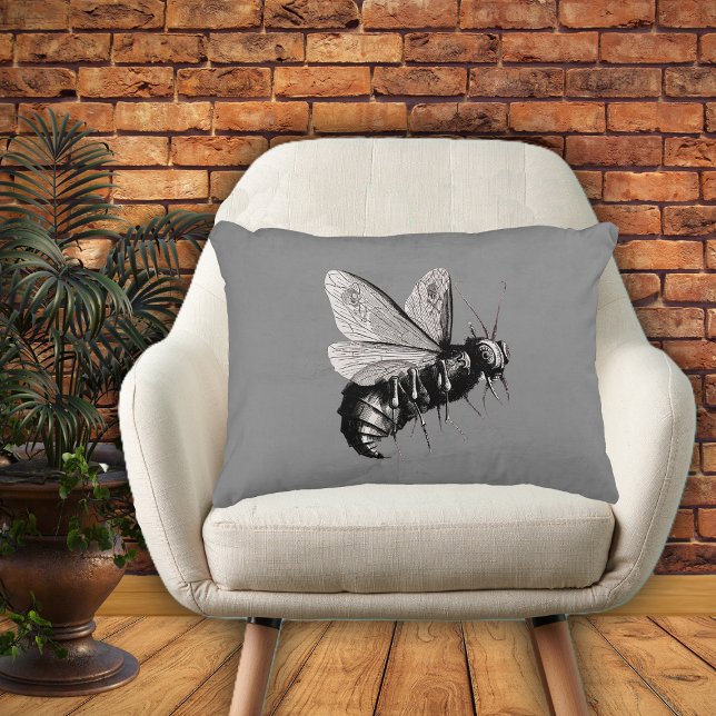 Creepy Gothic Bee Skull Wings Insect Decorative Pillow (Creepy Gothic look bee in black and white with skull wings on grey decorative pillow.)