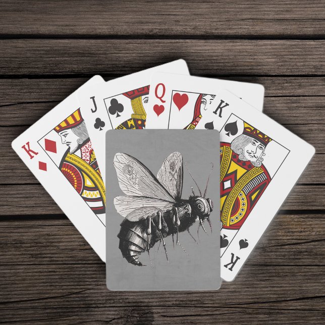 Creepy Gothic Bee Skull Wings Insect Poker Cards (Creepy black white bee with skull crossbones on wings on grey deck of playing cards.)