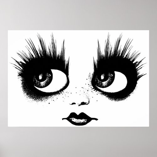 Creepy Gothic Doll Big Eyes Lips Face Art Poster