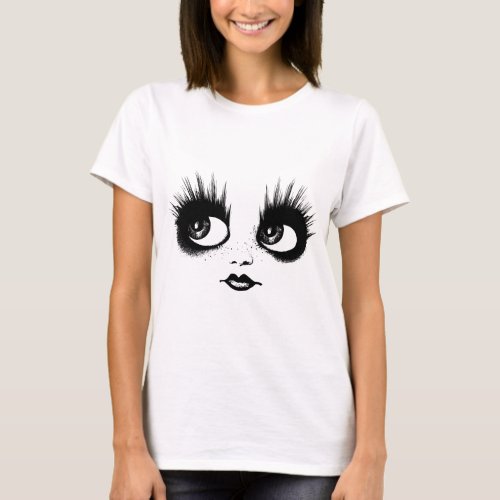 Creepy Gothic Doll Big Eyes Lips Face Art T_Shirt