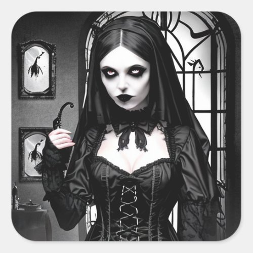 Creepy Gothic Girl in Black and White Halloween Square Sticker