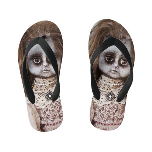 Creepy Gothic Porcelain Doll Victorian Goth Kids Flip Flops