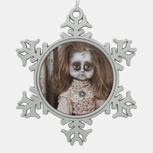 Creepy Gothic Porcelain Doll Victorian Goth Snowflake Pewter Christmas Ornament
