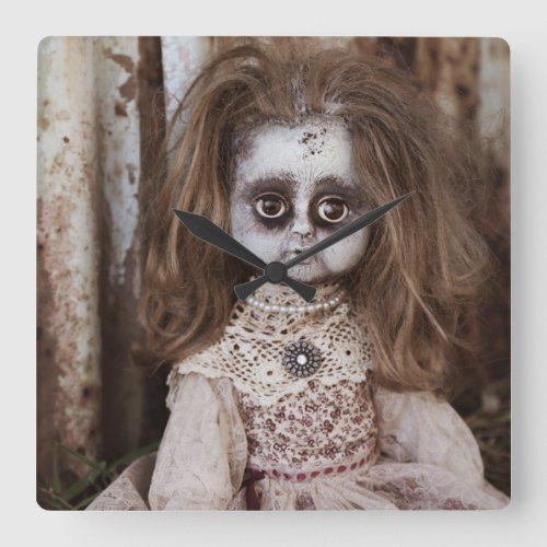 Creepy Gothic Porcelain Doll Victorian Goth Square Wall Clock