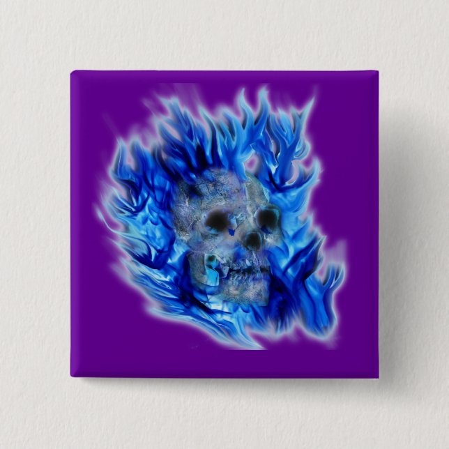 Creepy Gothic Skull, Flames, Halloween Horror Pinback Button (Front)