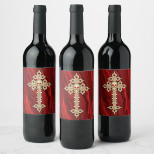 Creepy Gothic Skulls and Cross Halloween Wine Label