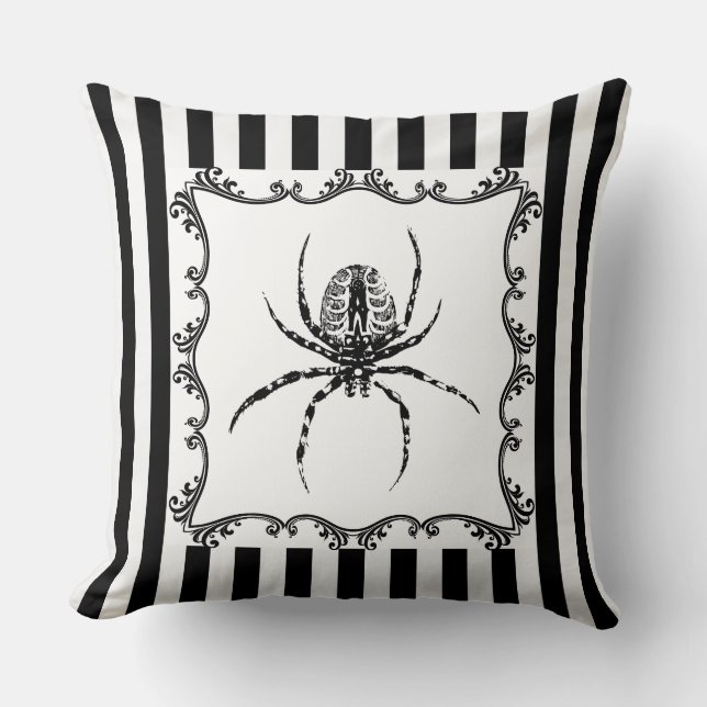 Creepy Gothic Spider Drawing Black & White Stripes Throw Pillow (Front)