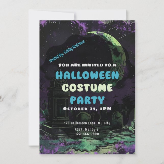 Creepy Graveyard Cemetery Crescent Moon Halloween Invitation (Front)