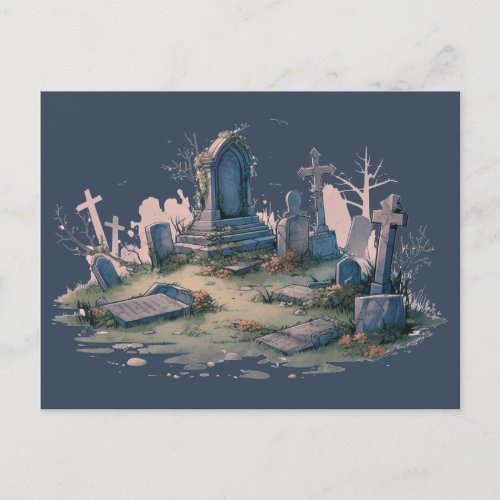 Creepy Graveyard Cemetery Dark Gray Blue Halloween Holiday Postcard