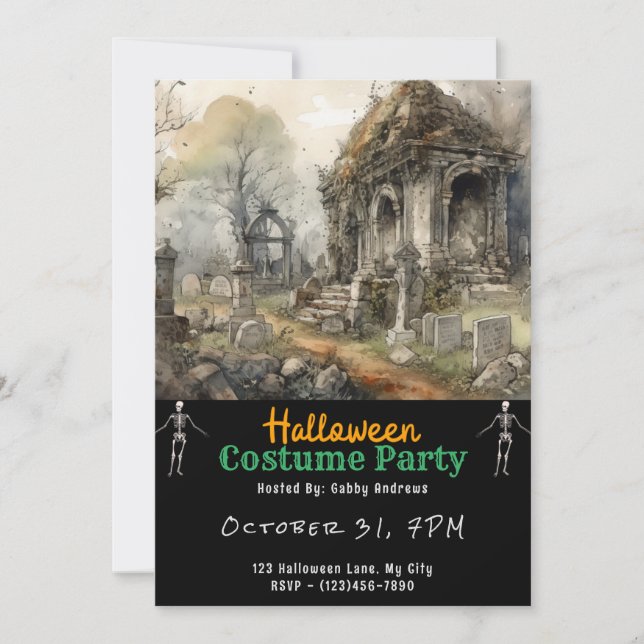 Creepy Graveyard Cemetery Graves Black Halloween Invitation (Front)