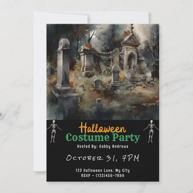 Creepy Graveyard Cemetery Graves Black Halloween Invitation (Front)