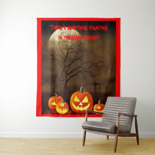 Creepy Graveyard Haunting Moon and Carved Pumpkins Tapestry