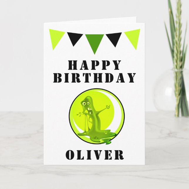 Creepy Green Slime Monster Flags Kids Birthday Card (Front)