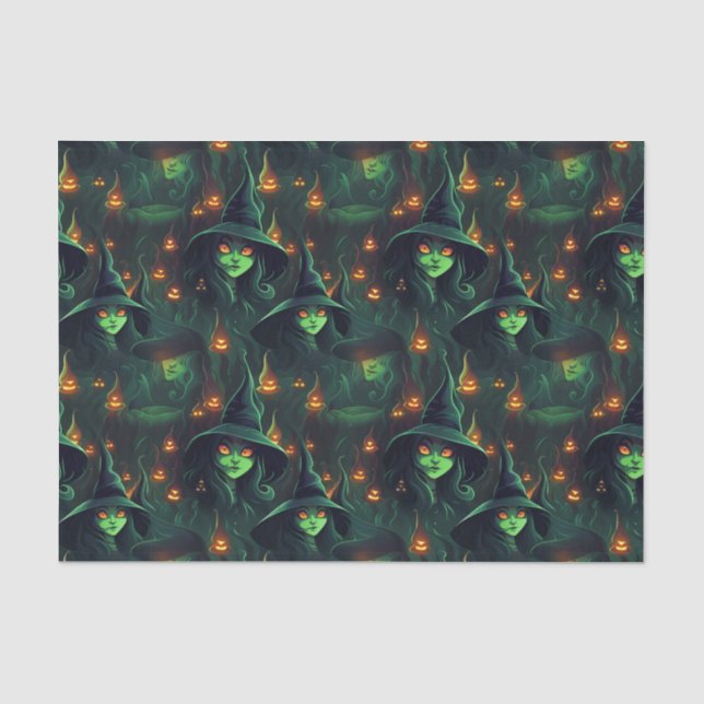 Creepy Green Witches Spooky Ghosts Eerie Halloween Tissue Paper (Front)