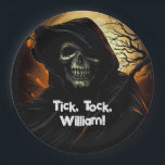 Creepy Grim Reaper Birthday Paper Plates<br><div class="desc">The grim reaper with his skeletal face and an ominous background makes up this scary design that says,  "Tick,  tock,  name."</div>