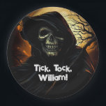 Creepy Grim Reaper Birthday Paper Plates<br><div class="desc">The grim reaper with his skeletal face and an ominous background makes up this scary design that says,  "Tick,  tock,  name."</div>