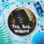 Creepy Grim Reaper Birthday Paper Plates<br><div class="desc">The grim reaper with his skeletal face and an ominous background makes up this scary design that says,  "Tick,  tock,  name."</div>