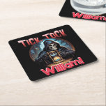 Creepy Grim Reaper Birthday Square Paper Coaster<br><div class="desc">The grim reaper with his skeletal face taps on an hourglass in this scary design that says,  "Tick,  tock,  name."</div>