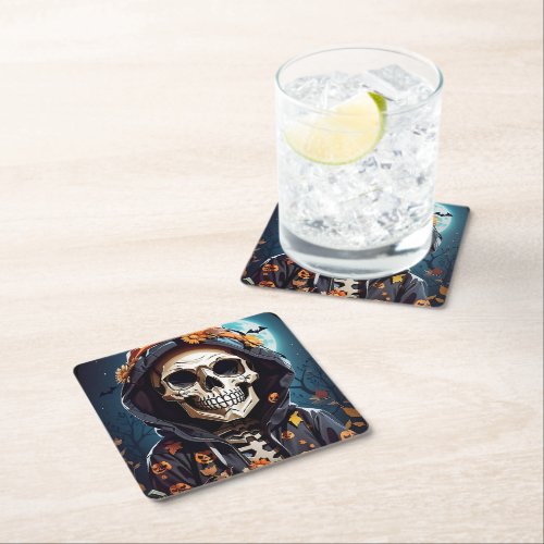 Creepy Grinning Skeleton Halloween Square Paper Coaster