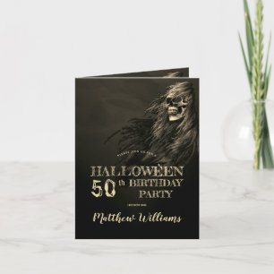 Creepy Hair Skull Halloween 50th Birthday Party In Invitation