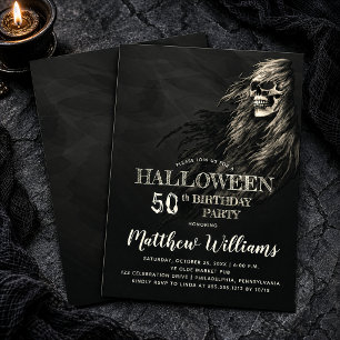 Creepy Hair Skull Halloween 50th Birthday Party In Invitation