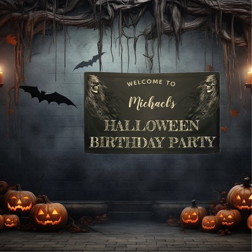 Creepy Hair Skull Halloween Birthday Party Welcome Banner