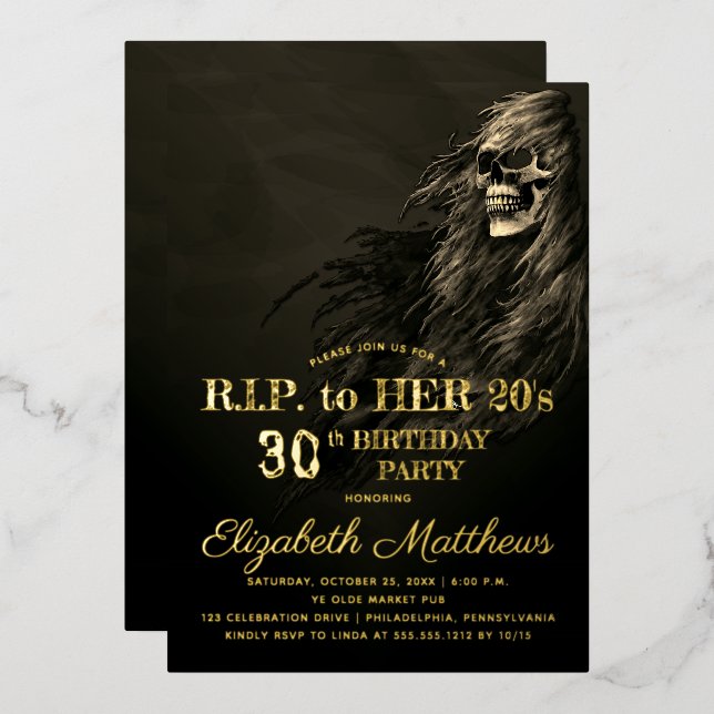 Creepy Hair Skull RIP to Her 20s Birthday Party Foil Invitation (Front/Back)