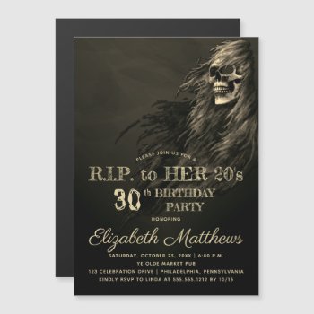 Creepy Hair Skull Rip To Her 20s Birthday Party Magnetic Invitation by holidayhearts at Zazzle