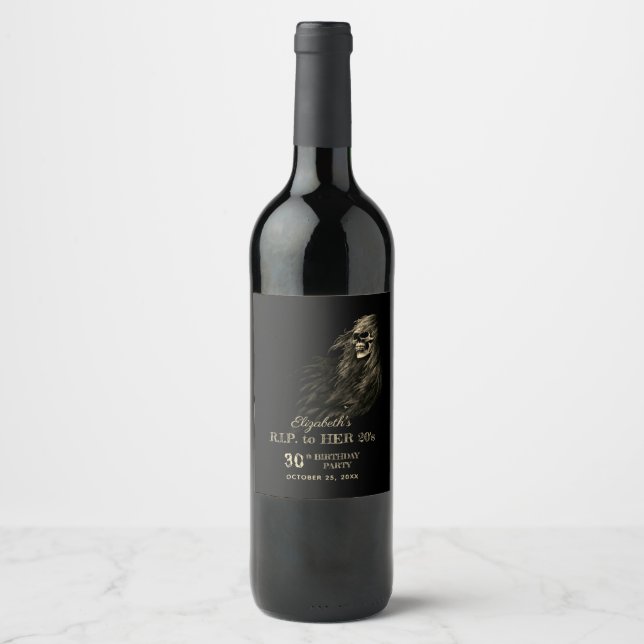 Creepy Hair Skull RIP to Her 20s Birthday Party  Wine Label (Front)