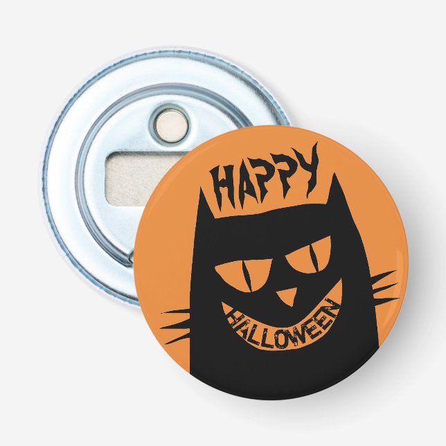 Creepy Halloween Black Cat on Orange Bottle Opener (Front)