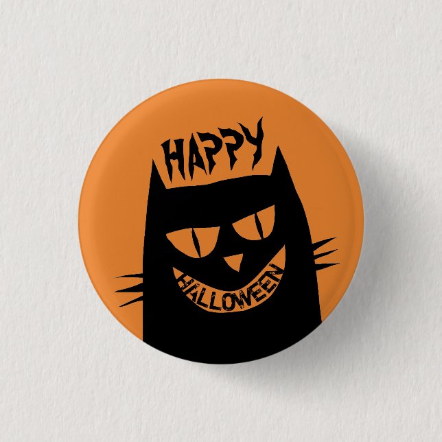 Creepy Halloween Black Cat on Orange Button (Front)