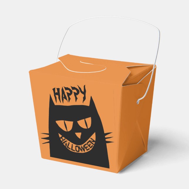 Creepy Halloween Black Cat on Orange Favor Boxes (Front Side)