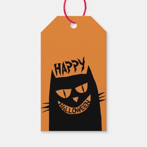 Creepy Halloween Black Cat on Orange Gift Tags