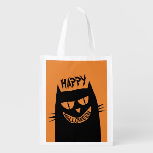 Creepy Halloween Black Cat on Orange Grocery Bag